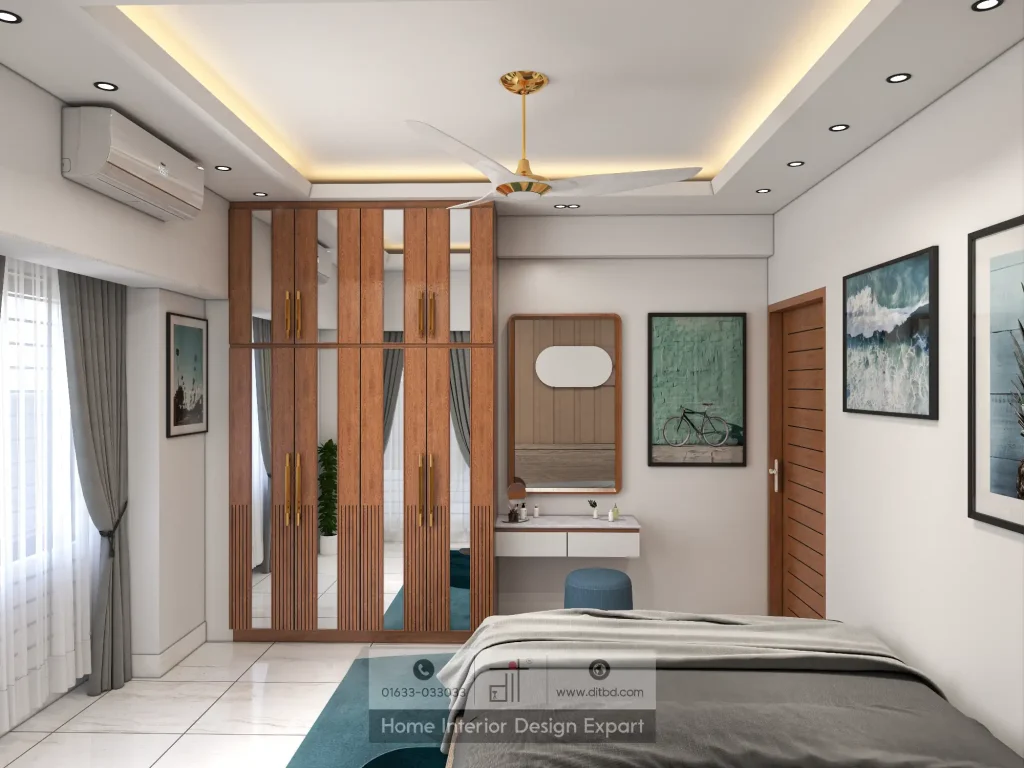 Walnut closet with full-length mirror panels, gold handles, floating vanity with pill-shaped mirror, and bicycle art in Mohammadpur bedroom