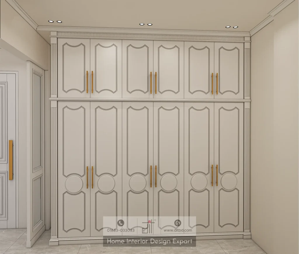 Grand neoclassical wardrobe with arched panel doors and gold handles in luxury closet by DIT Studio Gulshan-2