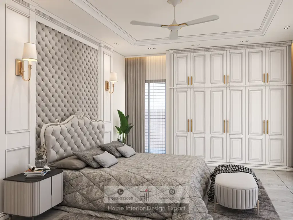 Grand bedroom with diamond-tufted headboard and full-wall white wardrobe with gold handles by DIT Studio Dhanmondi-6A