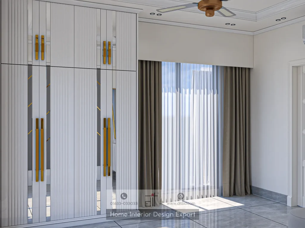 White fluted wardrobe with gold handles and full window view by DIT Studio in Uttara Sector 5 Dhaka