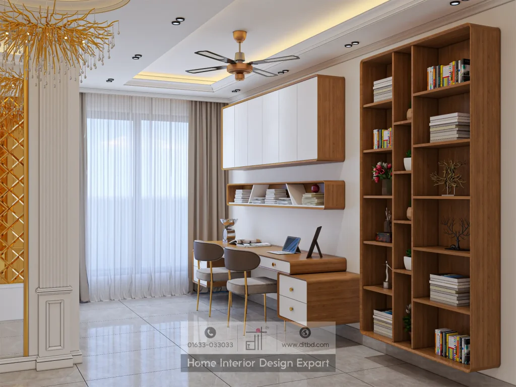 Study nook with walnut bookshelf and floating desk in luxury Gulshan-2 apartment by DIT Studio Dhaka
