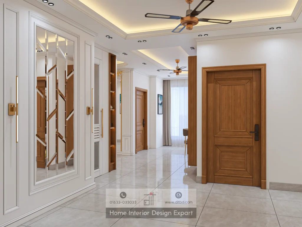 Corridor with geometric mirror wardrobe and walnut doors in luxury Gulshan-2 apartment by DIT Studio