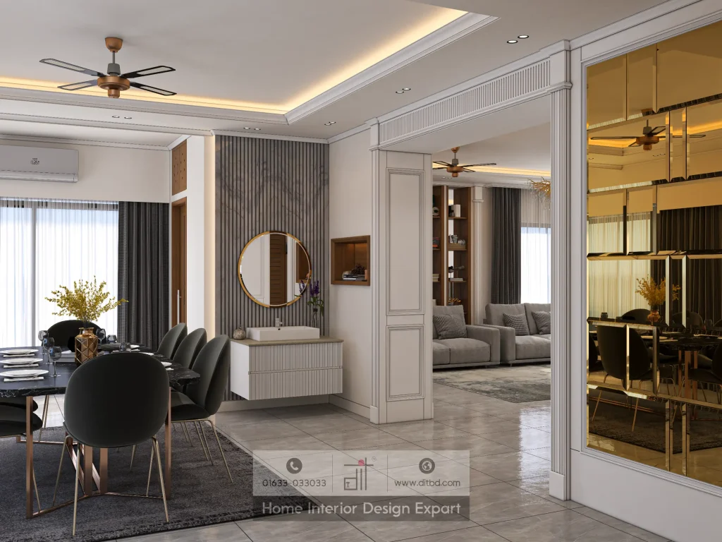 Dining area with vanity console and gold mirror partition in luxury common space by DIT Studio Gulshan-2