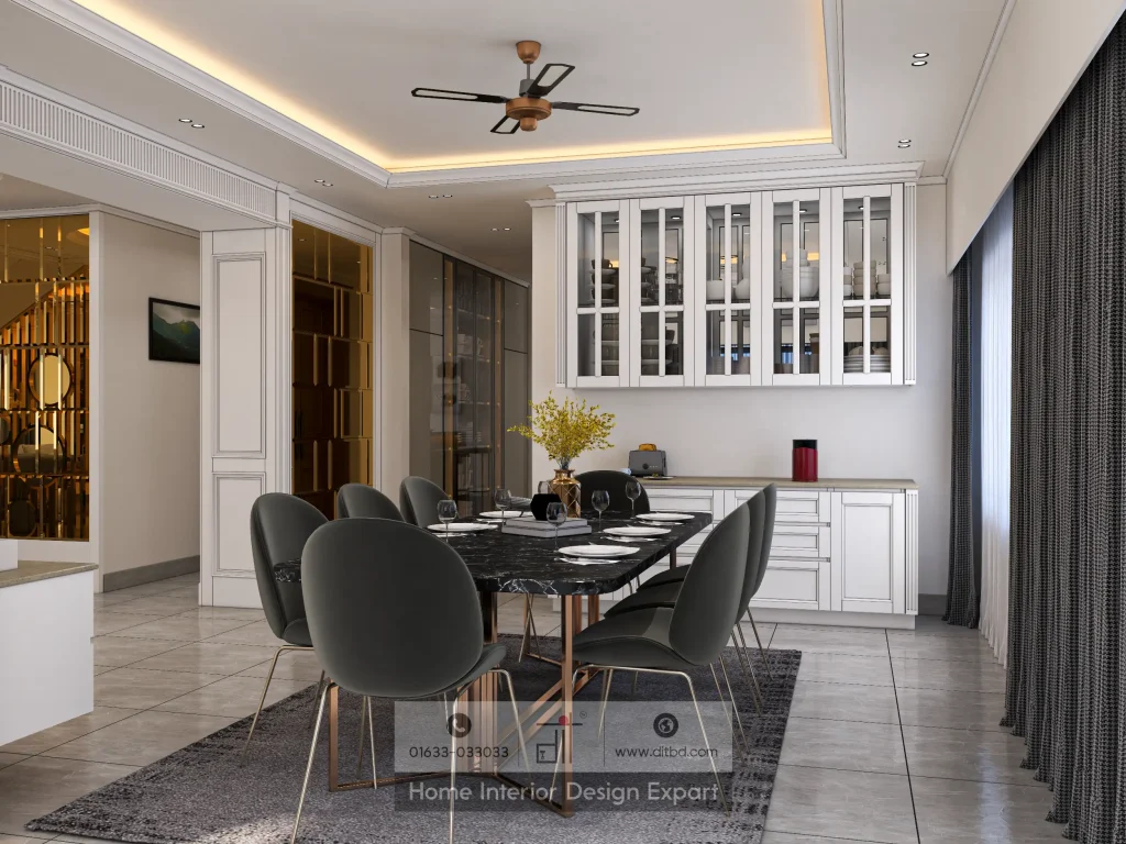 Formal dining with glass-front display cabinet and dark marble table by DIT Studio in Gulshan-2 Dhaka