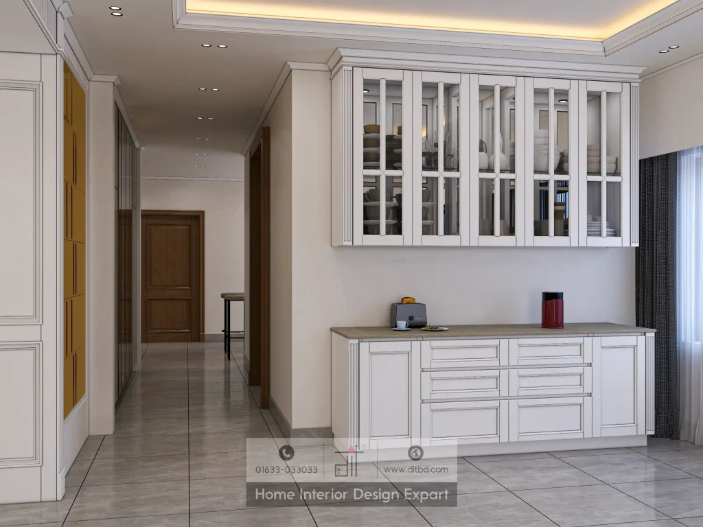 Kitchen pantry with glass-front upper cabinets and white base unit in Gulshan-2 apartment by DIT Studio