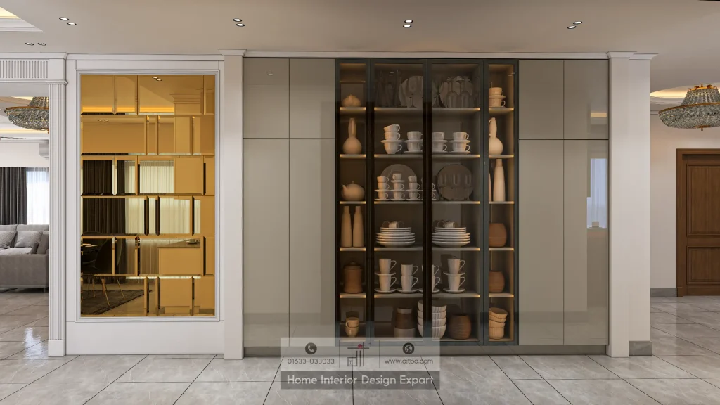 Floor-to-ceiling crockery display with smoky glass doors in luxury common area by DIT Studio Gulshan-2 Dhaka