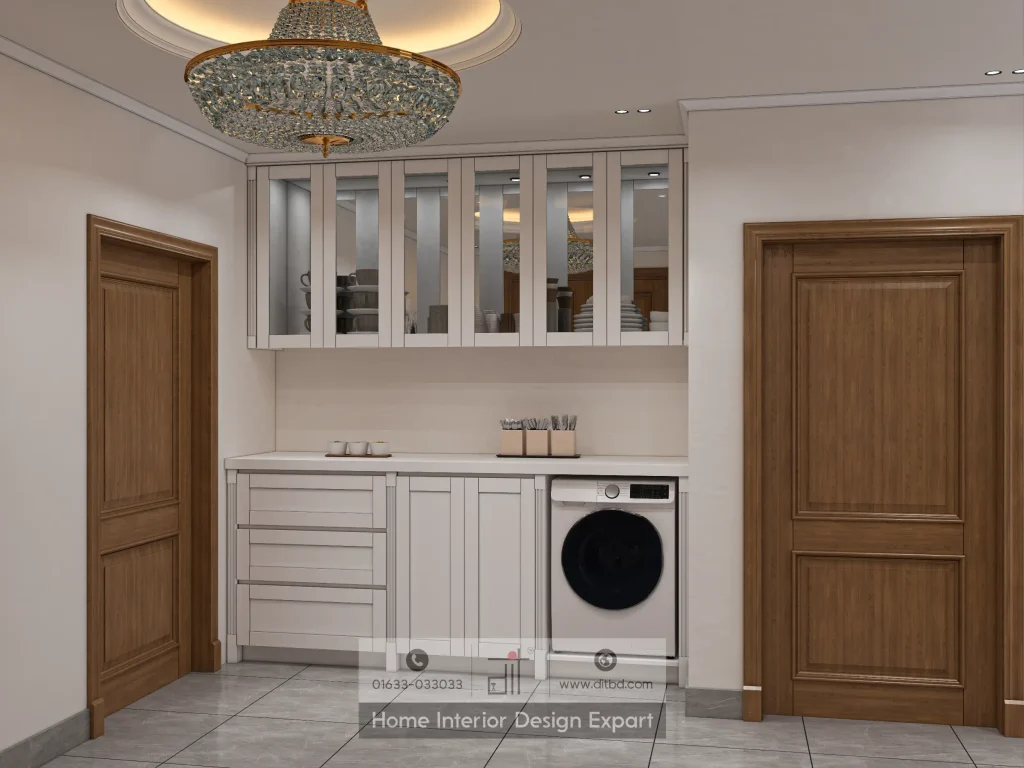 Utility station with washing machine and mirrored upper cabinet in luxury Gulshan-2 apartment by DIT Studio