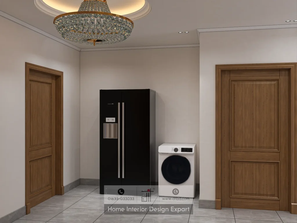 Appliance zone with black refrigerator and washing machine in Gulshan-2 luxury apartment by DIT Studio Dhaka