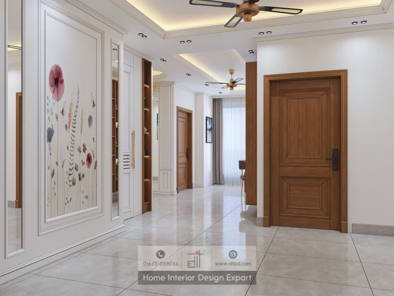 Hallway with floral mural and walnut doors in luxury common area designed by DIT Studio Gulshan-2