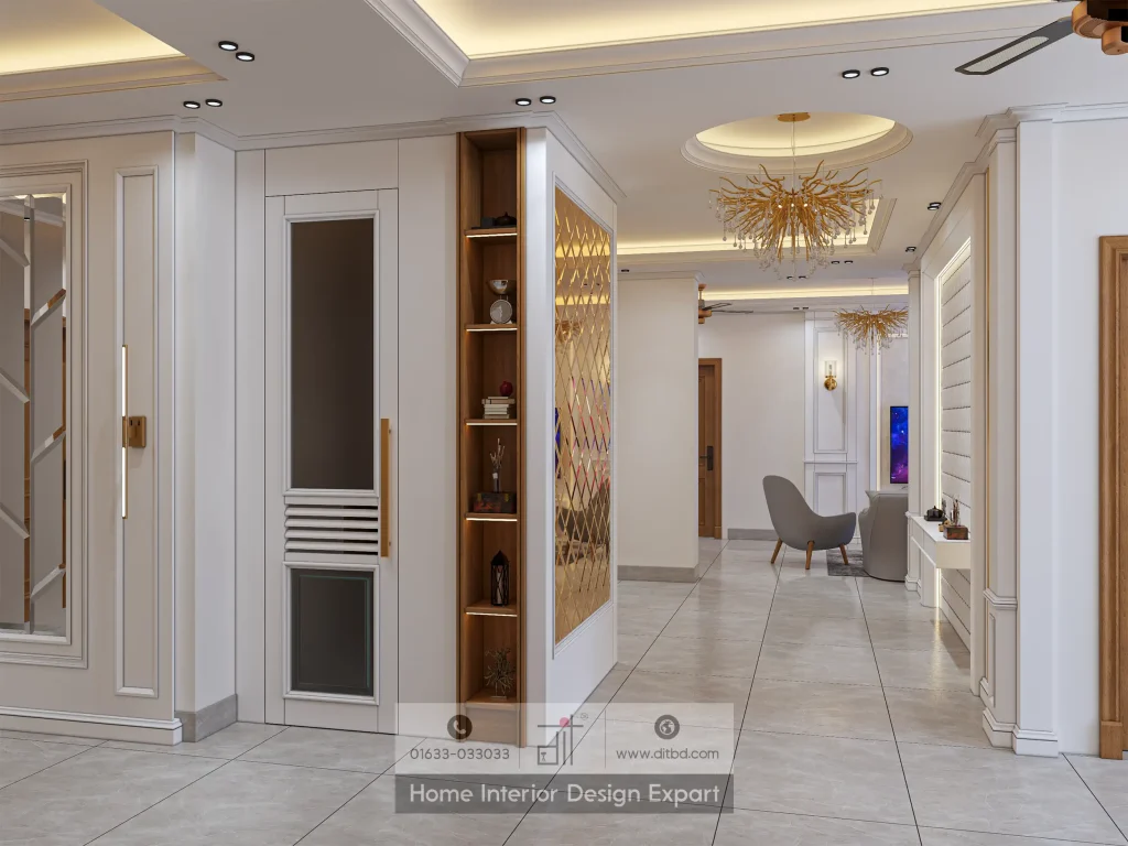 Entrance hall with gold diamond-lattice partition and branch chandelier by DIT Studio in Gulshan-2 Dhaka