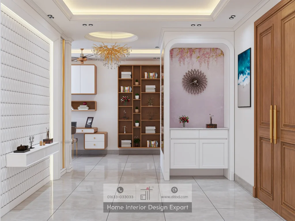 Study and prayer nook with wisteria wallpaper and sunburst clock in luxury apartment by DIT Studio Gulshan-2