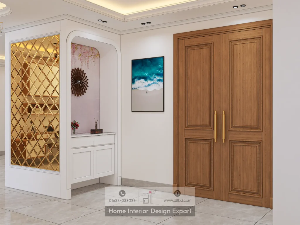 Gold lattice panel with arched niche and walnut double door in Gulshan-2 common area by DIT Studio