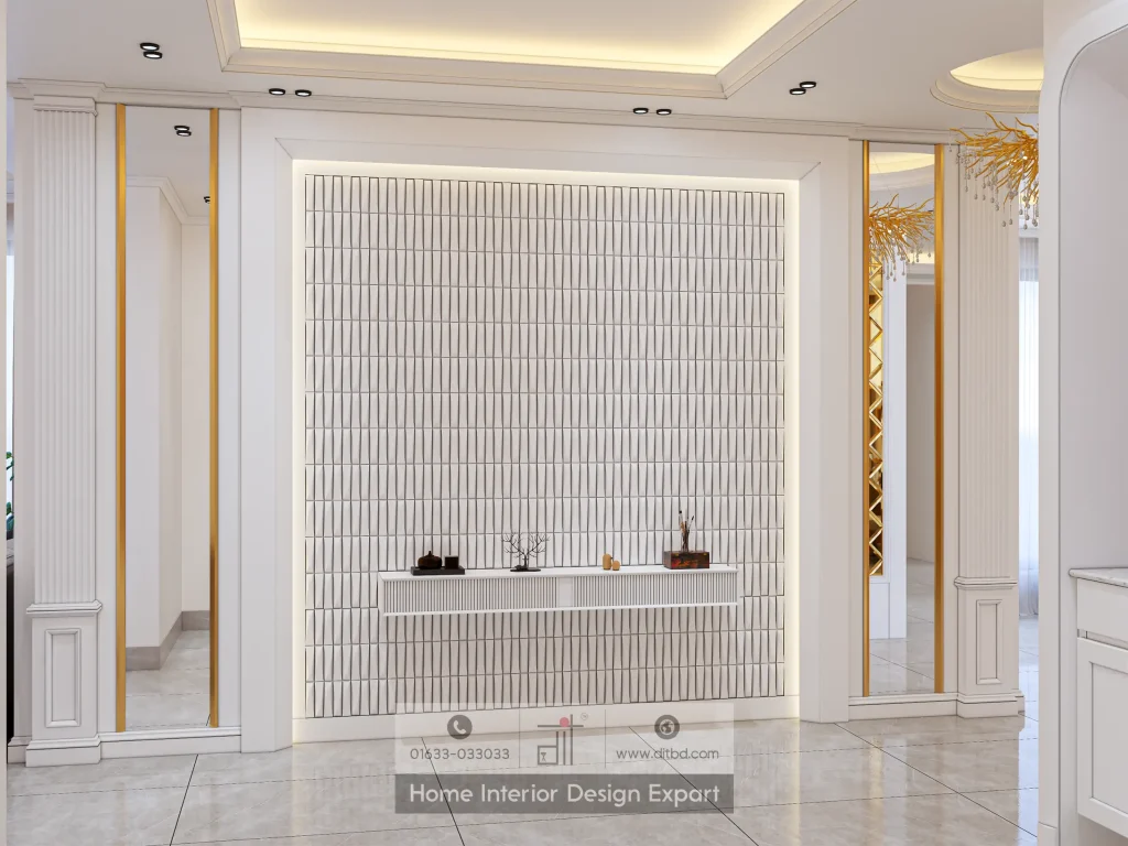 White 3D geometric textured wall panel with floating console in luxury apartment by DIT Studio Gulshan-2 Dhaka