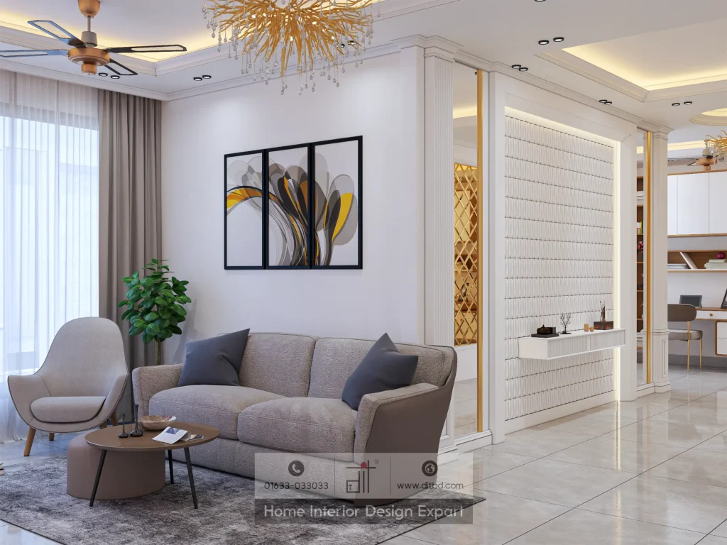 Grey sofa with abstract wall art and gold branch chandelier in living room by DIT Studio Gulshan-2