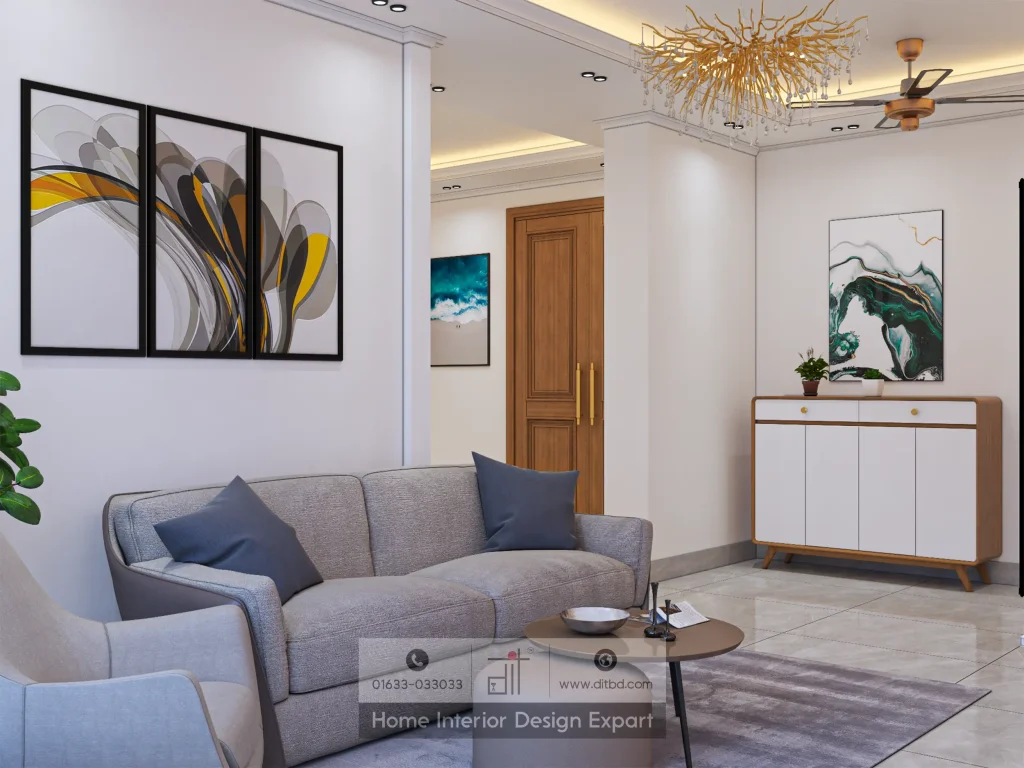 Living room with walnut console table and abstract ocean painting in Gulshan-2 apartment by DIT Studio