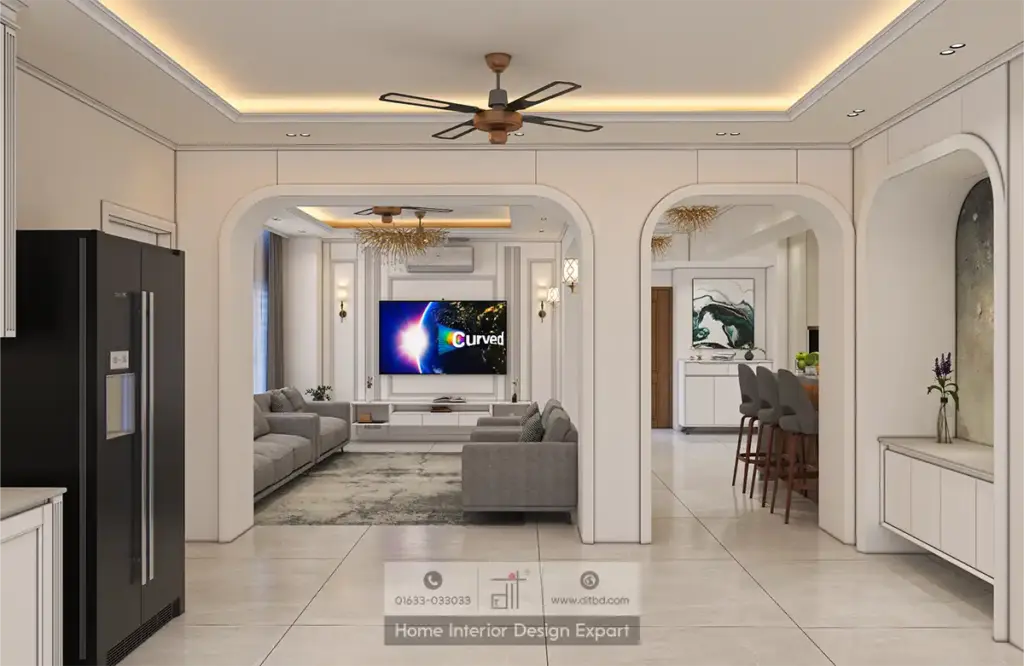 Open-plan arched doorways connecting living room dining and kitchen areas in luxury common space by DIT Studio Dhanmondi 6A