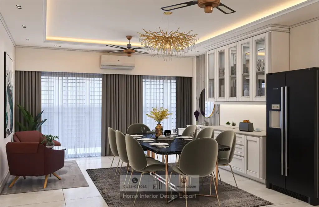 Full dining room view with eight-seater table gold chandelier and kitchen pantry wall in luxury common space by DIT Studio Dhanmondi 6A Dhaka
