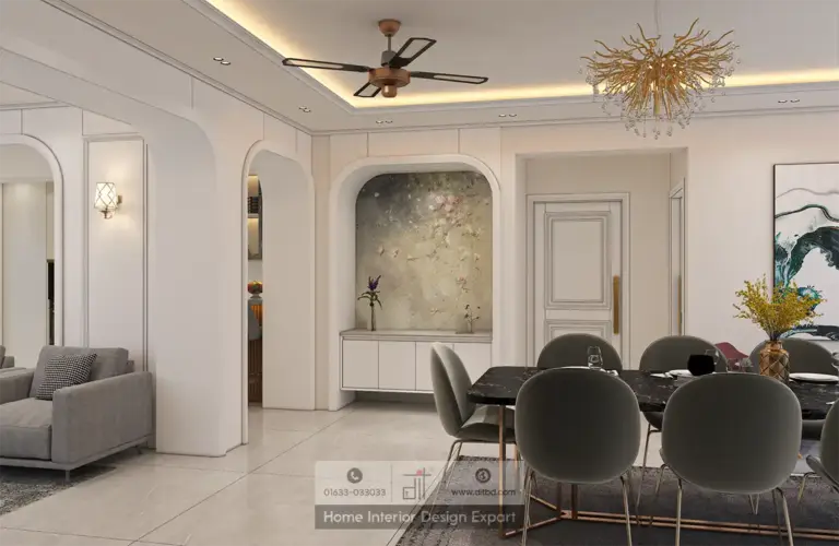 Dining area with dark marble table olive chairs and gold branch chandelier with arched wall niche designed by DIT Studio in Dhanmondi 6A