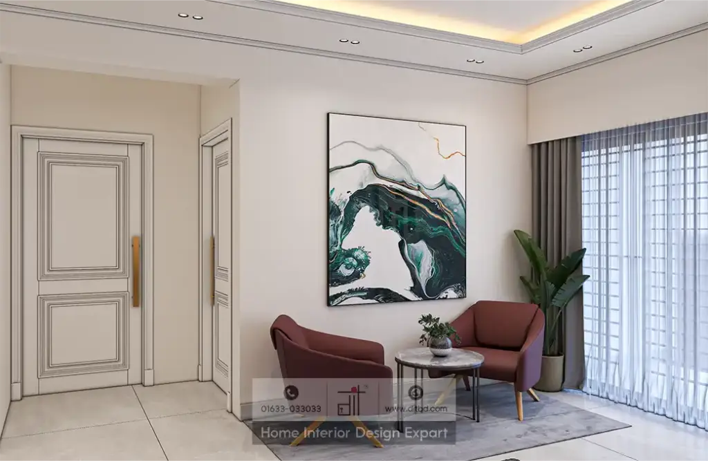 Burgundy armchair seating nook with abstract teal painting and bird-of-paradise plant in luxury common space by DIT Studio Dhanmondi 6A Dhaka