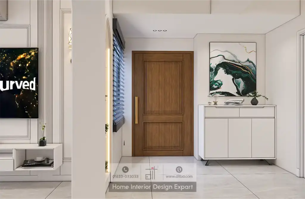 Grand entryway with walnut door abstract artwork and white console table in luxury apartment designed by DIT Studio Dhanmondi 6A Dhaka
