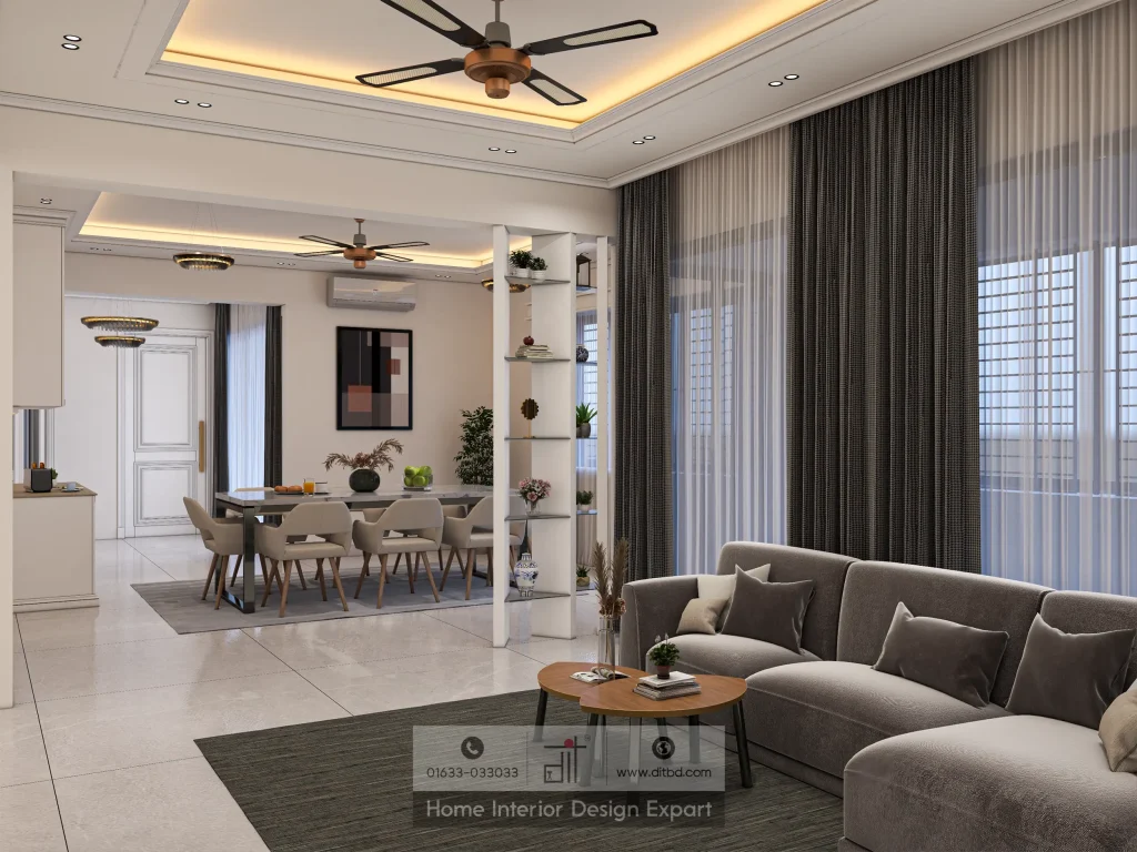 Open-plan living room with dark grey sectional sofa, round coffee table, and dining area view in luxury Gulshan apartment by DIT Studio