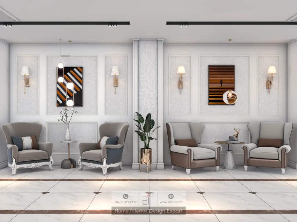 Symmetrical formal sitting nook with wingback armchairs, contemporary artwork, and brass sconces by DIT Studio Maona Gazipur