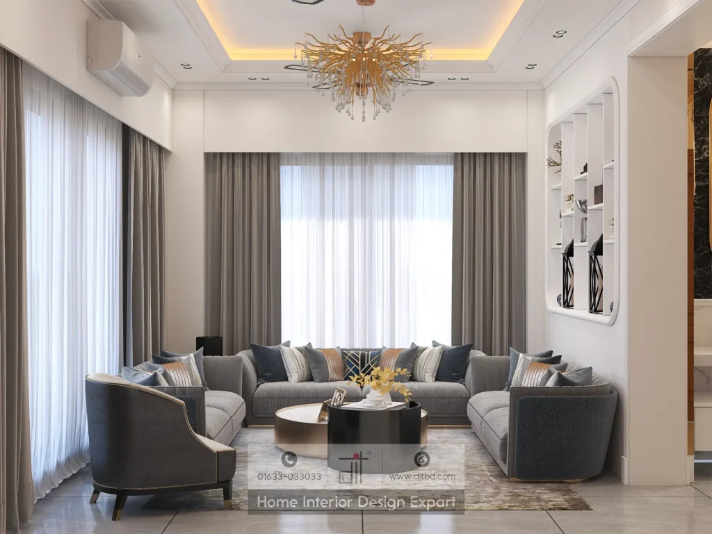 Luxury living room with grey sofa and gold branch chandelier in Uttara Sector 5 apartment by DIT Studio