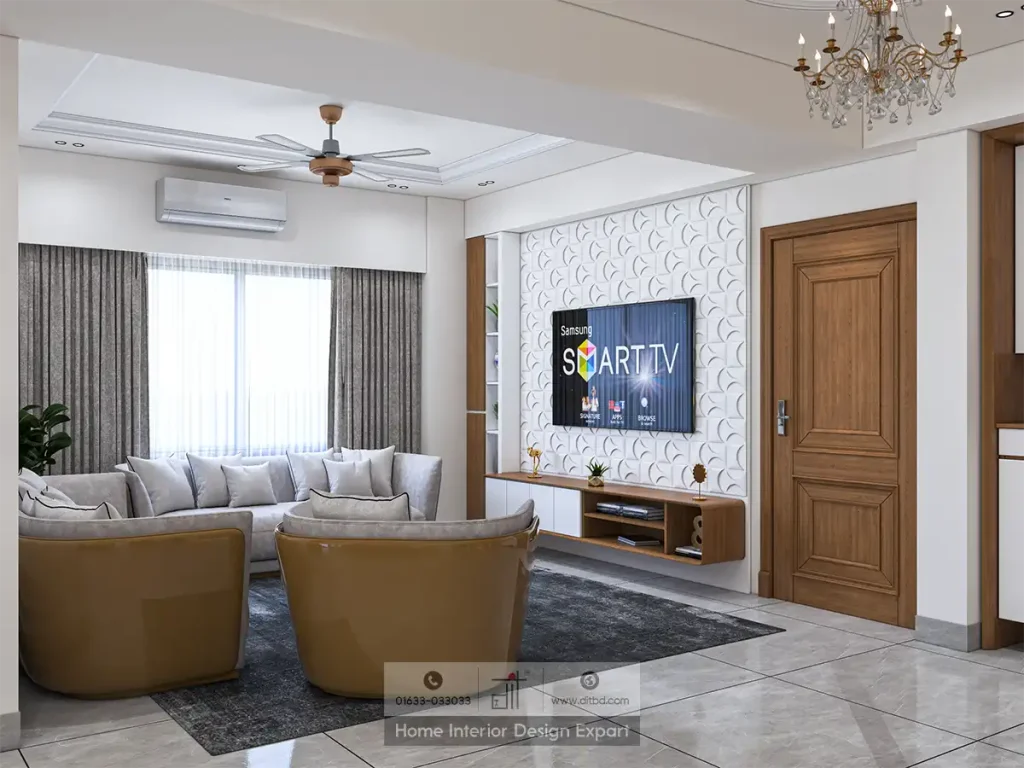 Living room with 3D textured TV wall and gold-toned armchairs in Aftabnagar by DIT Studio