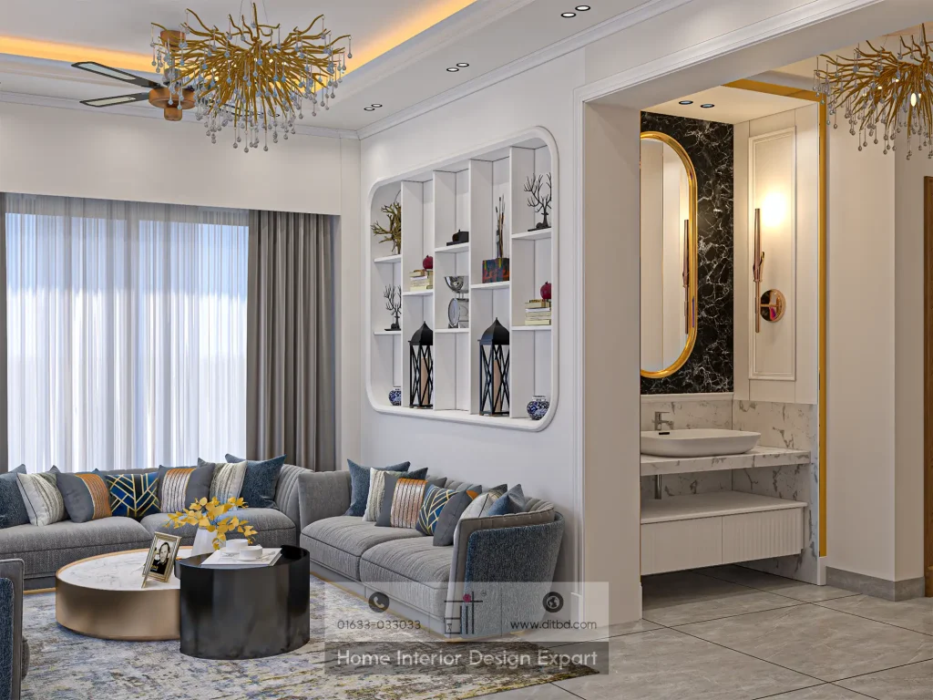 Living room to vanity foyer transition with display niche in Uttara Sector 5 by DIT Studio