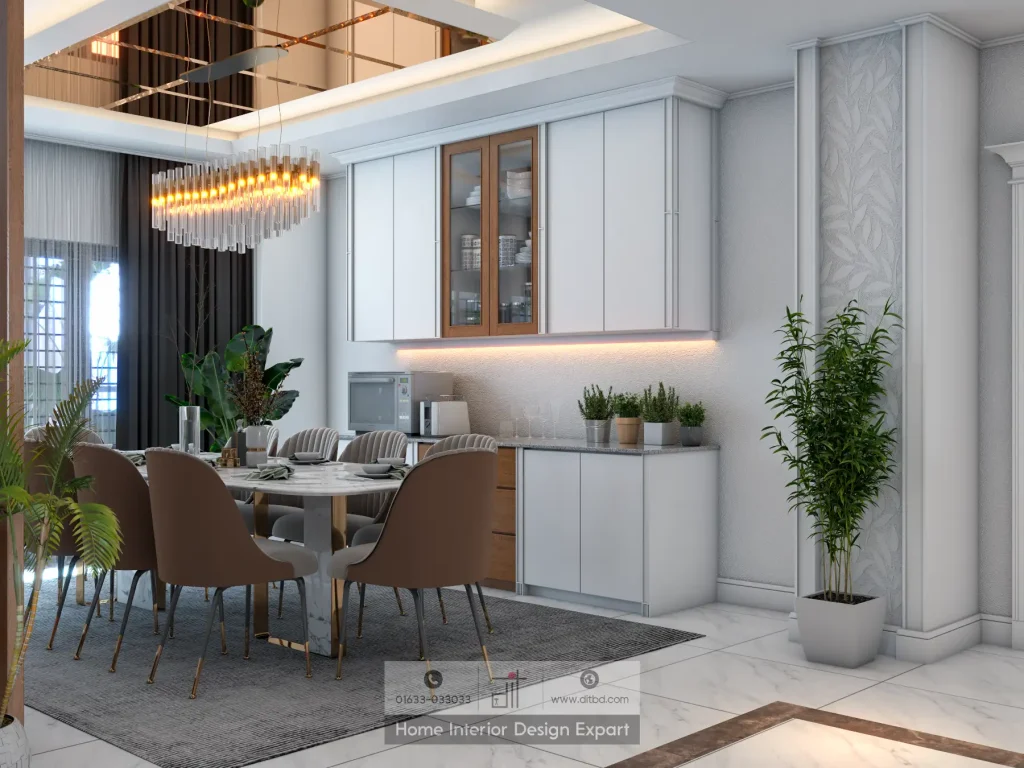 Dining area side view with crockery cabinet and crystal chandelier in luxury Gazipur apartment by DIT Studio