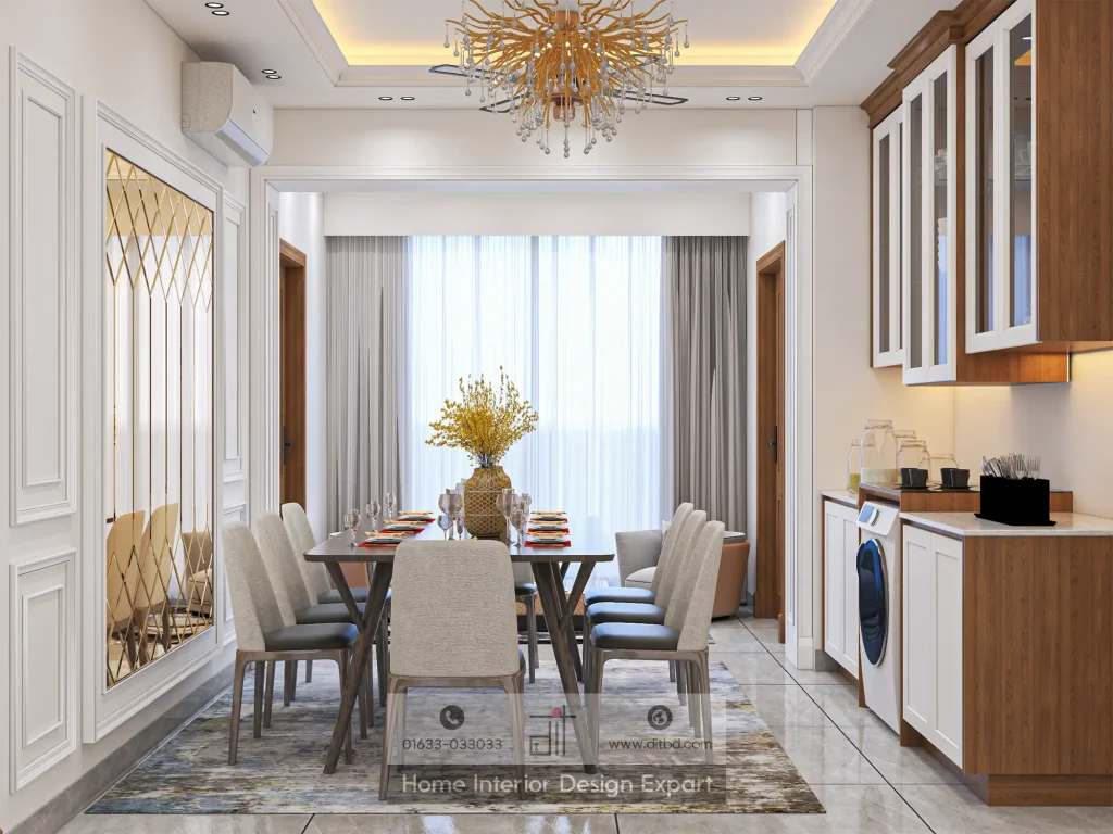 Luxury dining area with gold chandelier and utility wall in Uttara Sector 5 apartment by DIT Studio