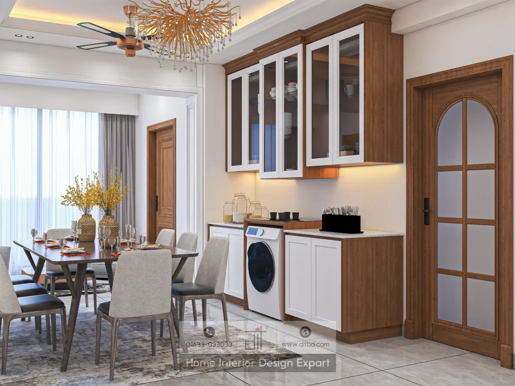 Dining table and utility pantry side view with washing machine in Uttara Sector 5 by DIT Studio