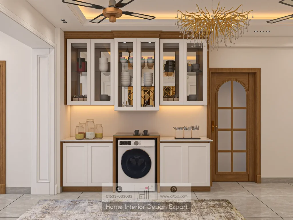 Utility pantry cabinet with crockery display and wine rack in Uttara Sector 5 common space by DIT Studio