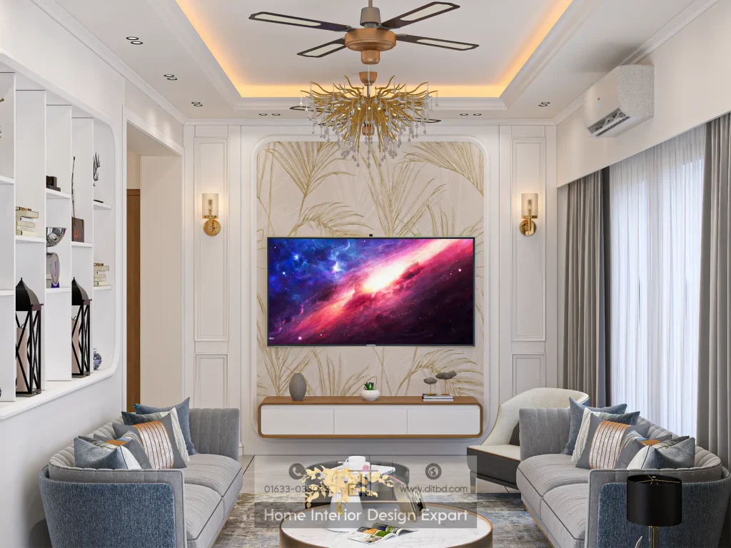 TV entertainment wall with gold botanical wallpaper and brass sconces in Uttara Sector 5 by DIT Studio