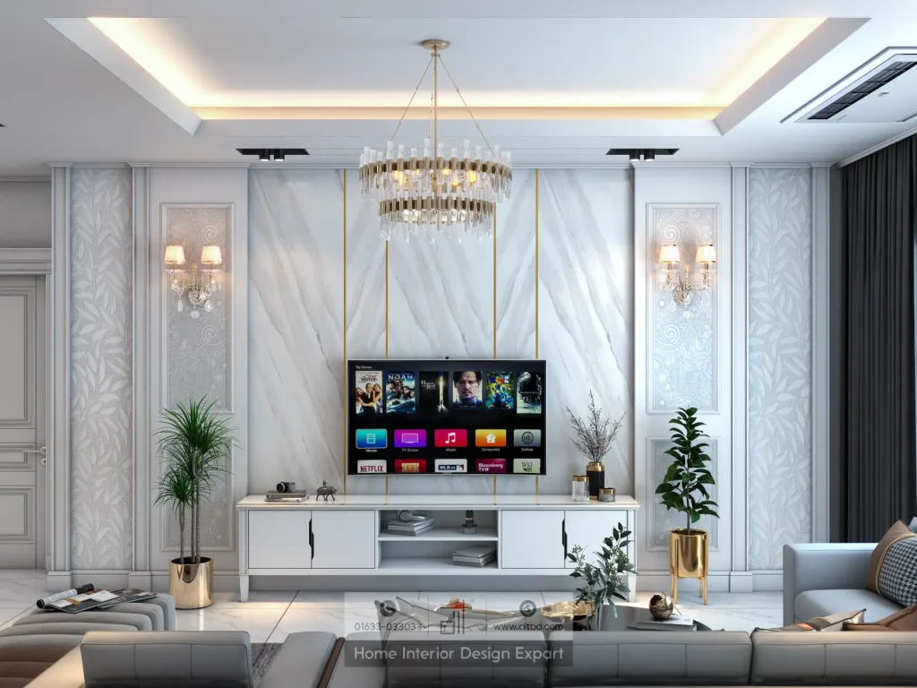 Luxury living room TV wall with white marble panel, crystal chandelier, and gold accents in Maona Gazipur by DIT Studio