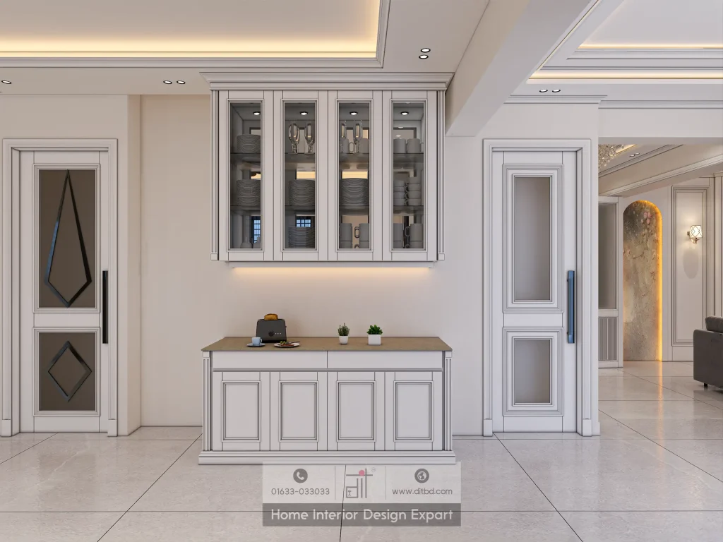 Crockery serving station with white raised-panel cabinet, glass display unit, and arched passageway in Gulshan common space by DIT Studio
