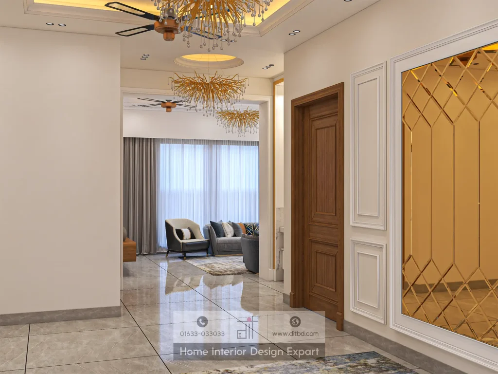 Entrance foyer with gold diamond mirror panel and walnut door in Uttara Sector 5 by DIT Studio