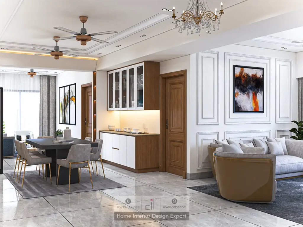 Open-plan dining and living area with crystal chandelier in Aftabnagar apartment by DIT Studio