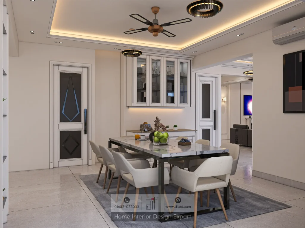 Dining table with white glass-front crockery cabinet, neoclassical doors, and living room view in Gulshan apartment by DIT Studio