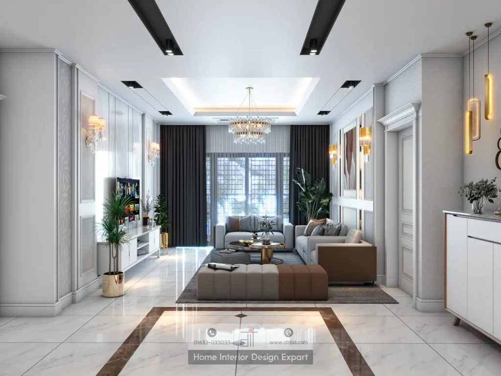 Full-length living room view with grey sectional sofa, crystal chandelier, and dark curtains in Maona Gazipur by DIT Studio