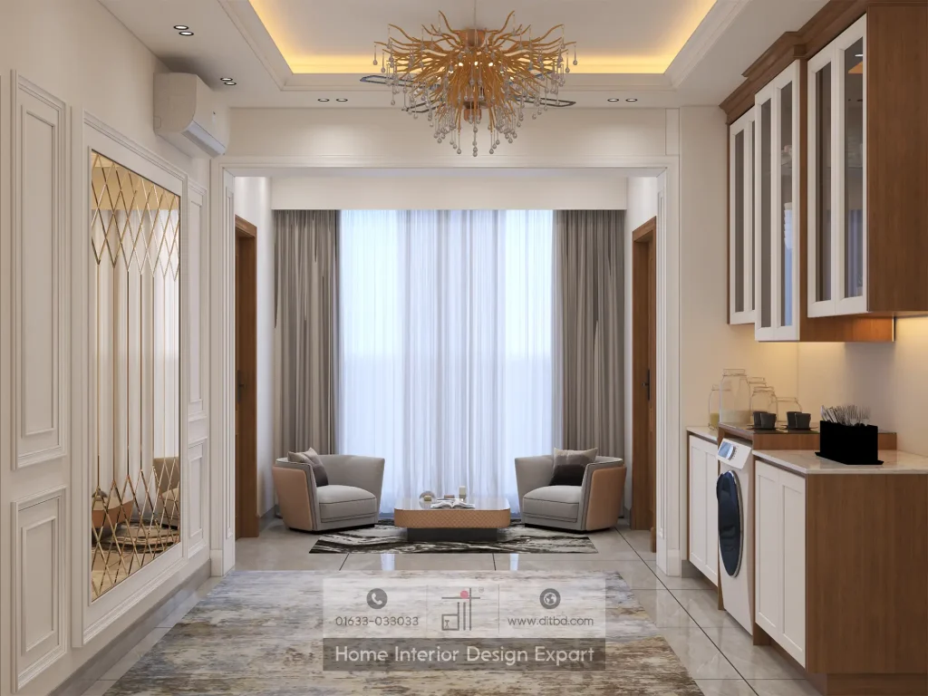 Family lounge with beige armchairs and built-in utility pantry in Uttara Sector 5 common space by DIT Studio
