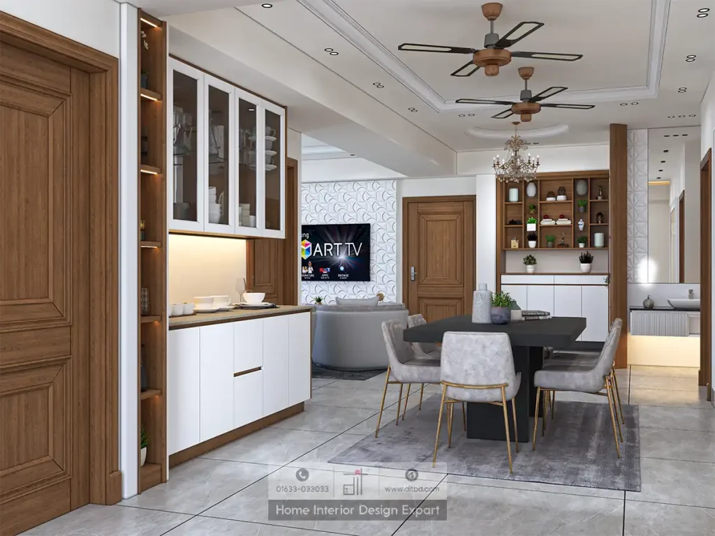 Full open-plan living dining perspective with walnut cabinetry in Aftabnagar by DIT Studio