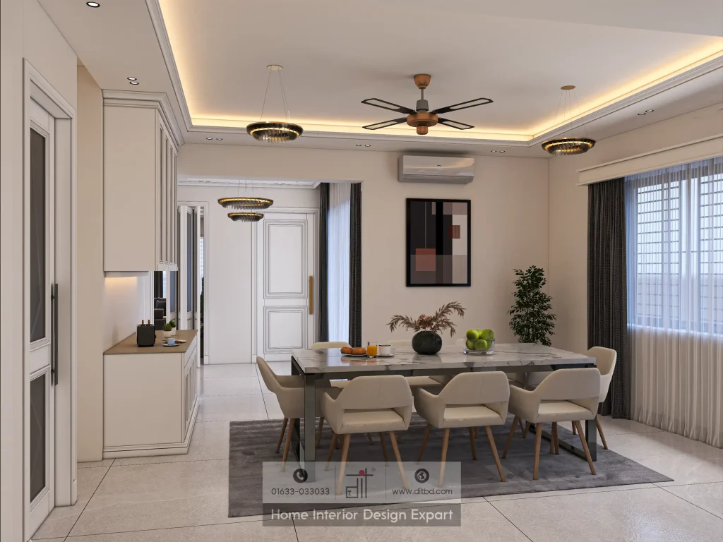 Formal dining area with marble table, cream chairs, gold ring pendant chandeliers, and charcoal curtains in Gulshan by DIT Studio