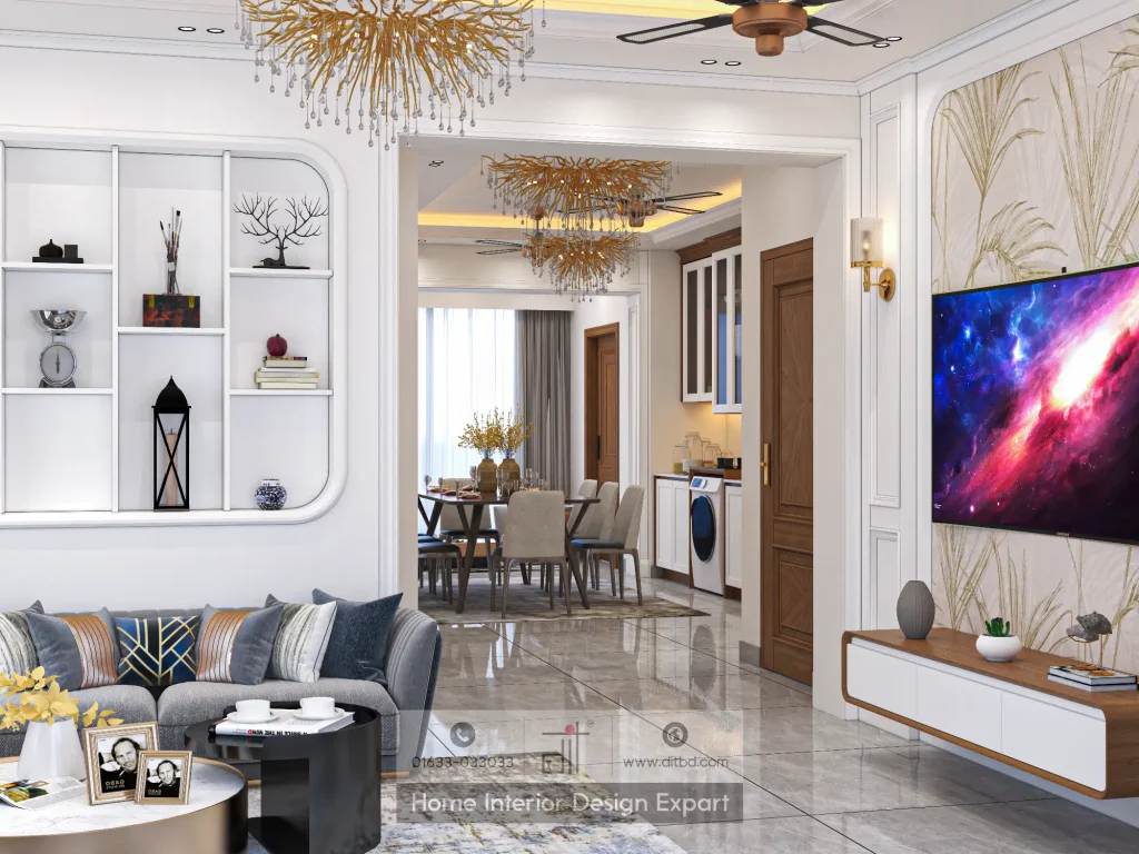 Open-plan living room to dining area with display niche and TV wall in Uttara Sector 5 by DIT Studio