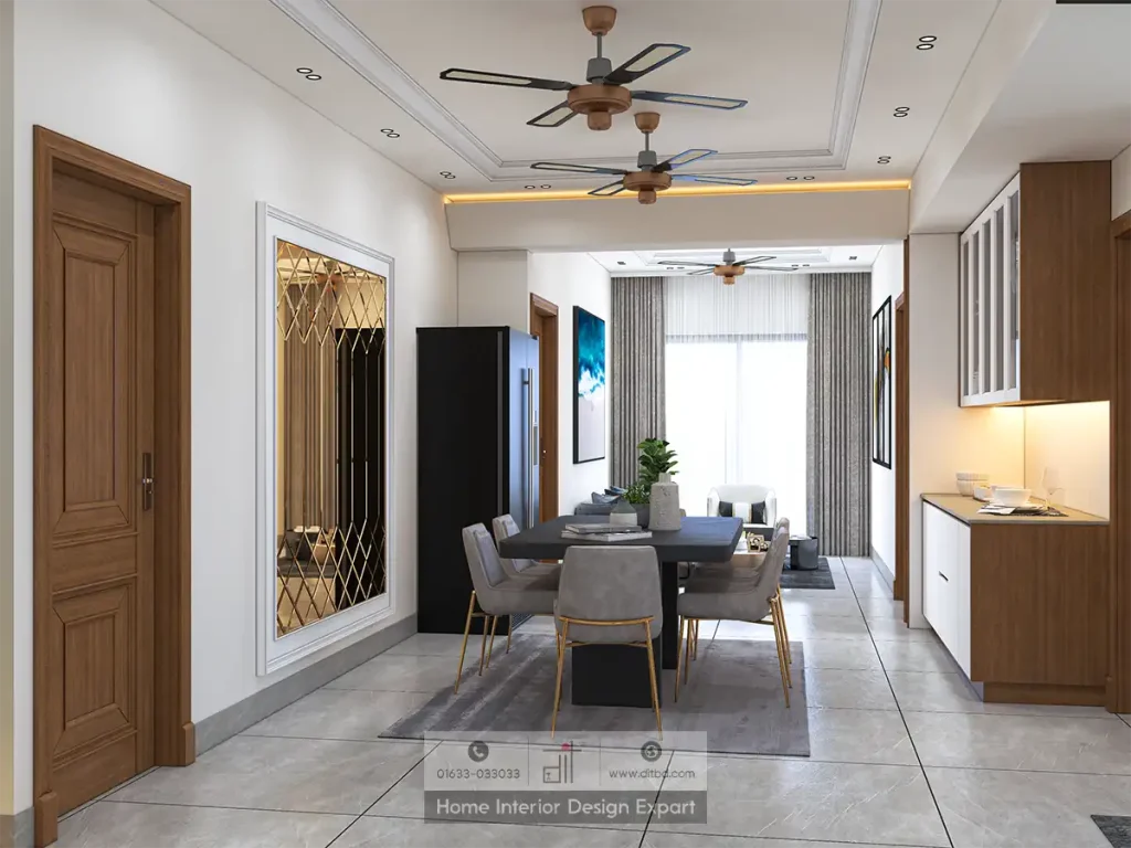 Dining room with gold diamond mirror panel and black refrigerator in Aftabnagar by DIT Studio