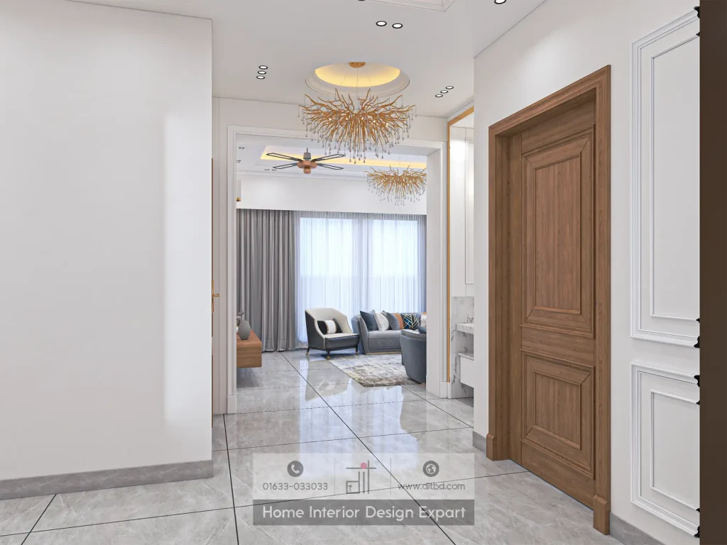 Hallway approach to living room with neo-classical panelling in Uttara Sector 5 apartment by DIT Studio