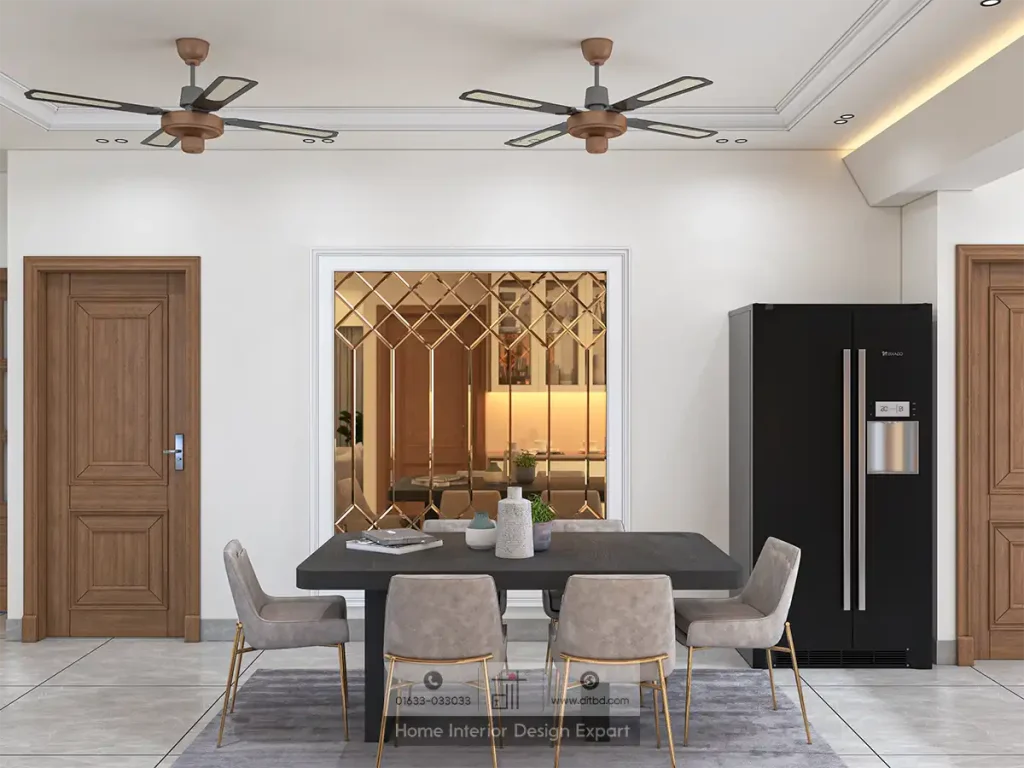 Diamond mirror wall and charcoal dining table close-up in Aftabnagar common space by DIT Studio