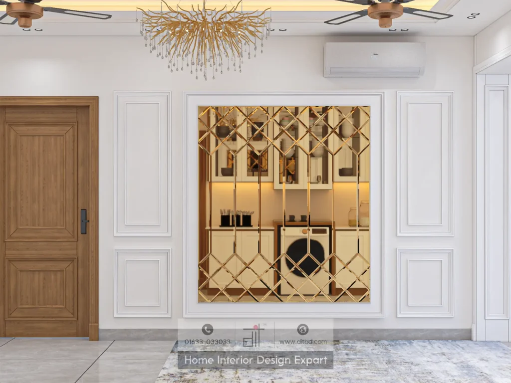 Gold diamond-lattice mirror wall feature with chandelier in Uttara Sector 5 common space by DIT Studio