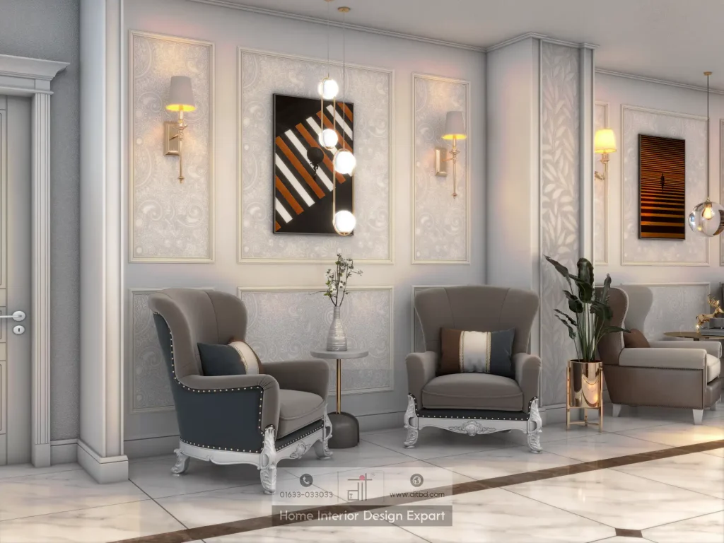Close-up of formal sitting area with wingback armchairs, brass sconces, and abstract art by DIT Studio Maona Gazipur