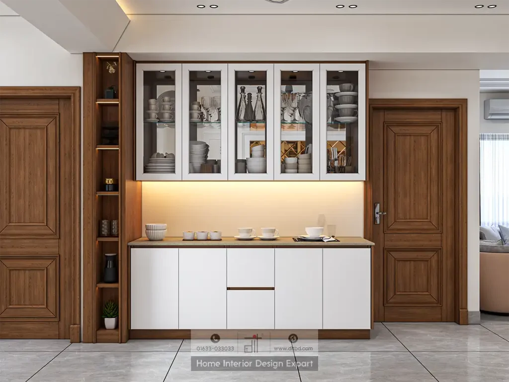 Built-in crockery display cabinet with glass doors and LED lighting in Aftabnagar by DIT Studio